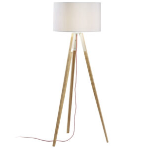B&iacute;l&aacute; bavlněn&aacute; stojac&iacute; lampa Kave Home Iguazu 157 cm s borovicovou podstavou