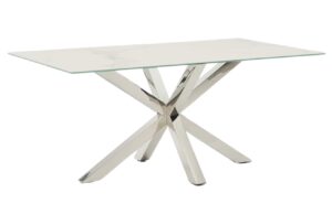 B&iacute;l&yacute; porcel&aacute;nov&yacute; j&iacute;deln&iacute; stůl Kave Home Argo 160 x 90 cm s nerezovou podnož&iacute;
