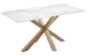 B&iacute;l&yacute; porcel&aacute;nov&yacute; j&iacute;deln&iacute; stůl Kave Home Argo 160 x 90 cm s př&iacute;rodn&iacute; kovovou podnož&iacute;