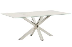 B&iacute;l&yacute; porcel&aacute;nov&yacute; j&iacute;deln&iacute; stůl Kave Home Argo 200 x 100 cm s nerezovou podnož&iacute;