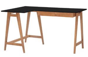 Čern&yacute; lakovan&yacute; rohov&yacute; pracovn&iacute; stůl RAGABA LUKA 135 x 85 cm s dubovou podnož&iacute;