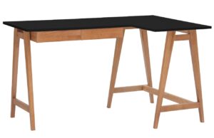 Čern&yacute; lakovan&yacute; rohov&yacute; pracovn&iacute; stůl RAGABA LUKA 135 x 85 cm s dubovou podnož&iacute;