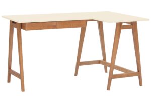 Kr&eacute;mově b&iacute;l&yacute; lakovan&yacute; rohov&yacute; pracovn&iacute; stůl RAGABA LUKA 135 x 85 cm s dubovou podnož&iacute;