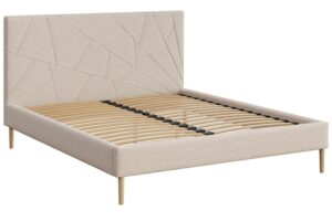 Mesonica Světle b&eacute;žov&aacute; čalouněn&aacute; dvoulůžkov&aacute; postel Alano 180 x 200 cm s geometrick&yacute;m pro&scaron;&iacute;v&aacute;n&iacute;m