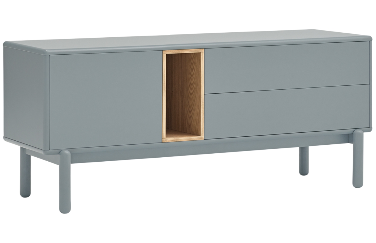 Modrošedý lakovaný dubový TV stolek Teulat Corvo 140 x 40 cm