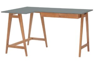 &Scaron;ed&yacute; lakovan&yacute; rohov&yacute; pracovn&iacute; stůl RAGABA LUKA 135 x 85 cm s dubovou podnož&iacute;