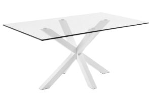 Skleněn&yacute; j&iacute;deln&iacute; stůl Kave Home Argo 160 x 90 cm s b&iacute;lou kovovou podnož&iacute;