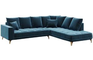 Tmavě modr&aacute; sametov&aacute; rohov&aacute; pohovka DEVICHY Chloe 288 cm