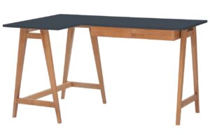 Tmavě &scaron;ed&yacute; lakovan&yacute; rohov&yacute; pracovn&iacute; stůl RAGABA LUKA 135 x 85 cm s dubovou podnož&iacute;