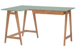 Zelen&yacute; lakovan&yacute; rohov&yacute; pracovn&iacute; stůl RAGABA LUKA 135 x 85 cm s dubovou podnož&iacute;