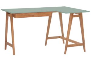 Zelen&yacute; lakovan&yacute; rohov&yacute; pracovn&iacute; stůl RAGABA LUKA 135 x 85 cm s dubovou podnož&iacute;
